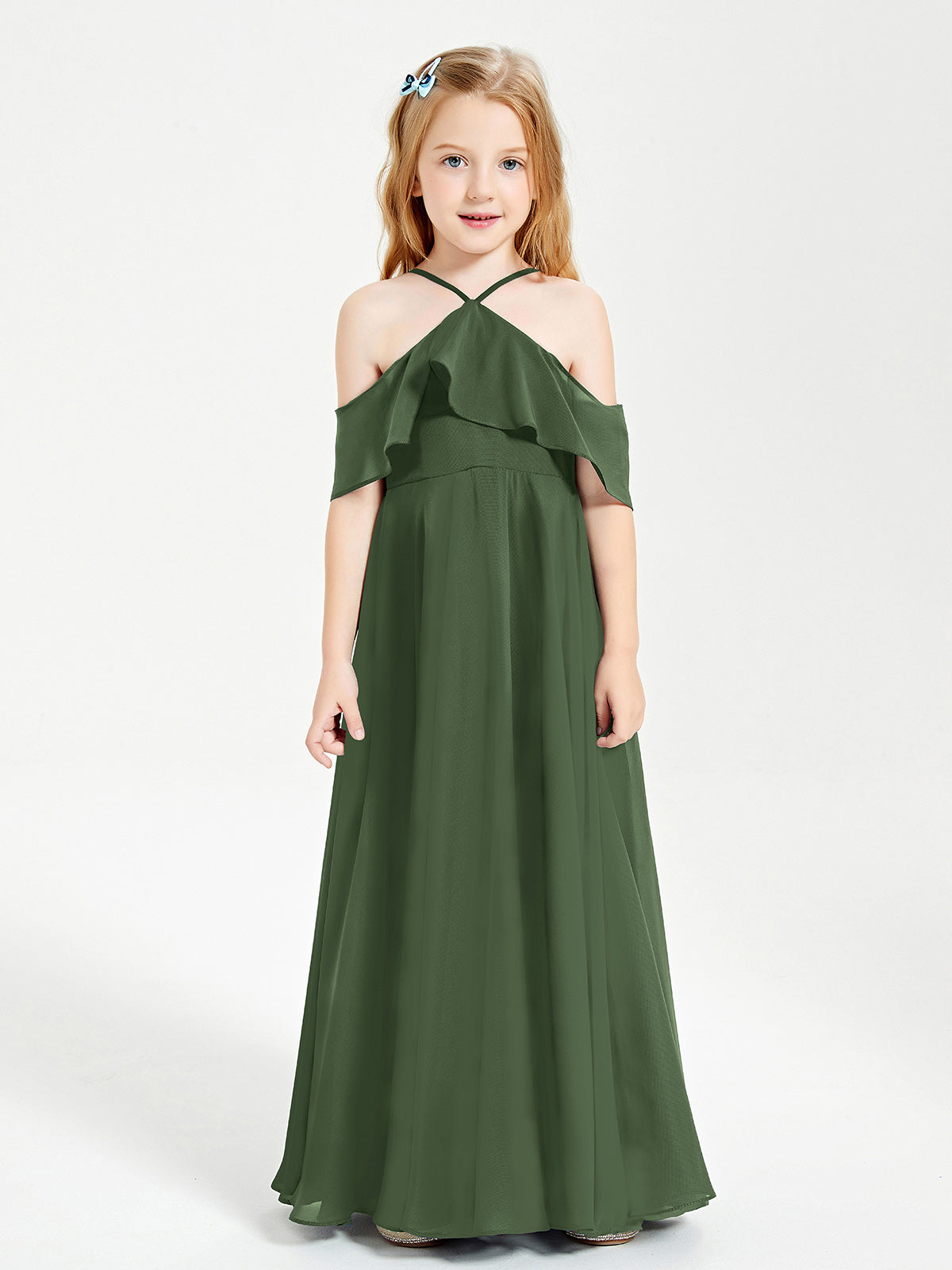 Off-the-Shoulder Long Dresses for Junior Bridesmaids Olive Green